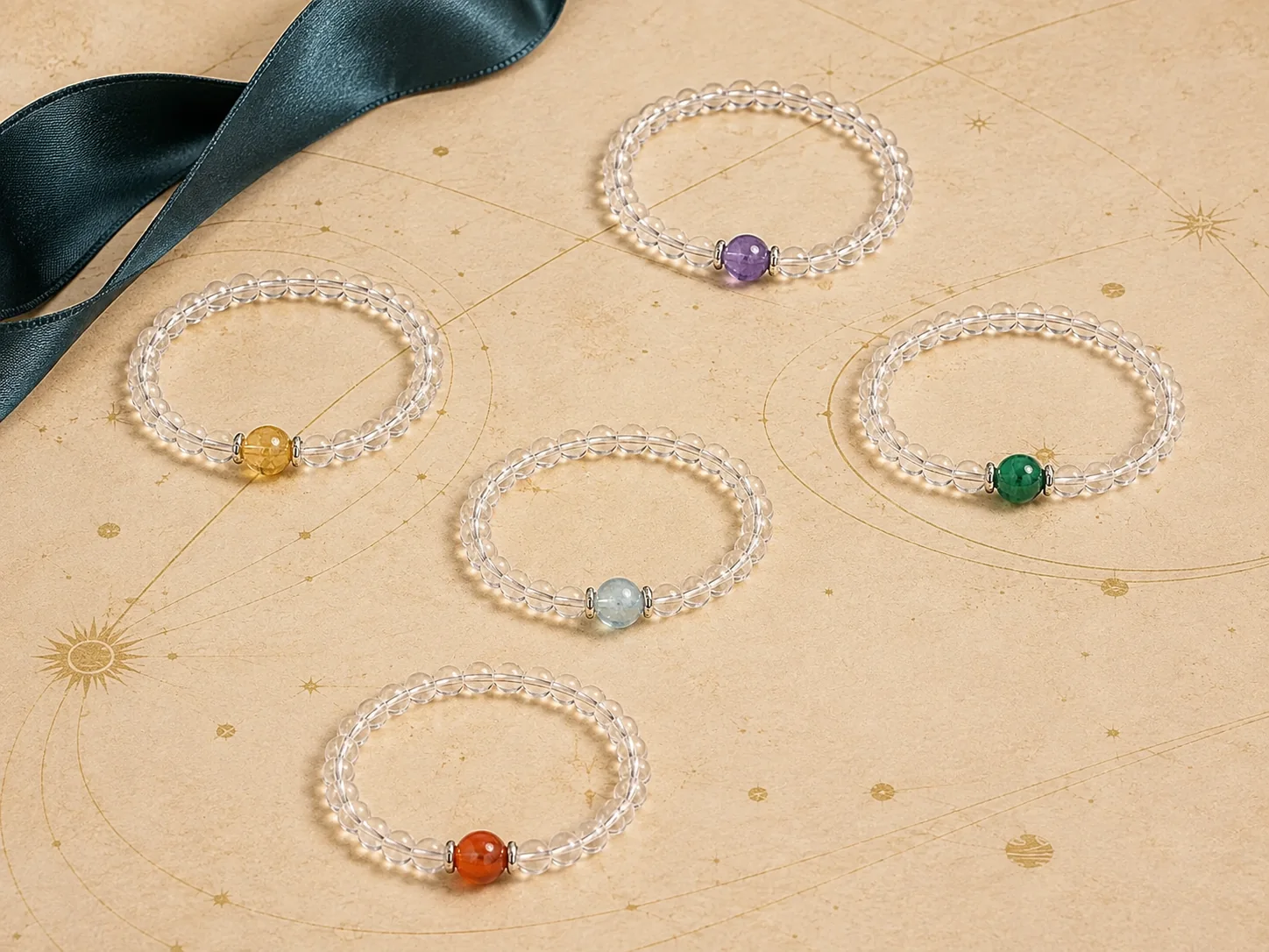 Five clear crystal birthstone bracelets arranged as a constellation