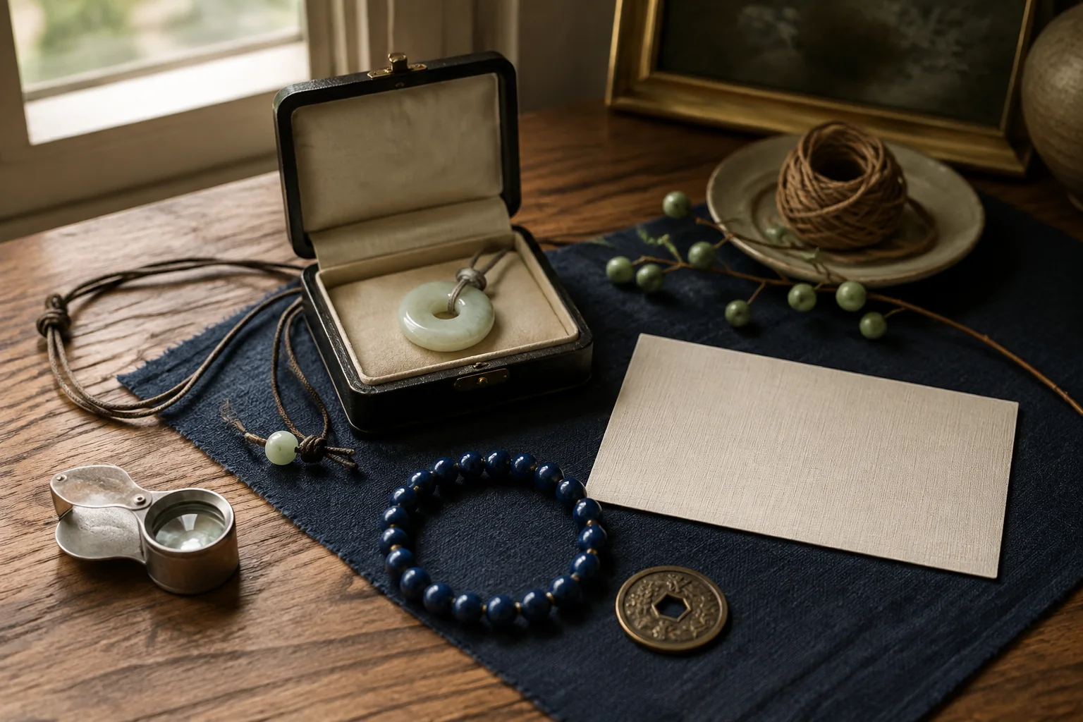 Jewelry curator worktable with jade pendant, blue bracelet, coin motif, cord and loupe