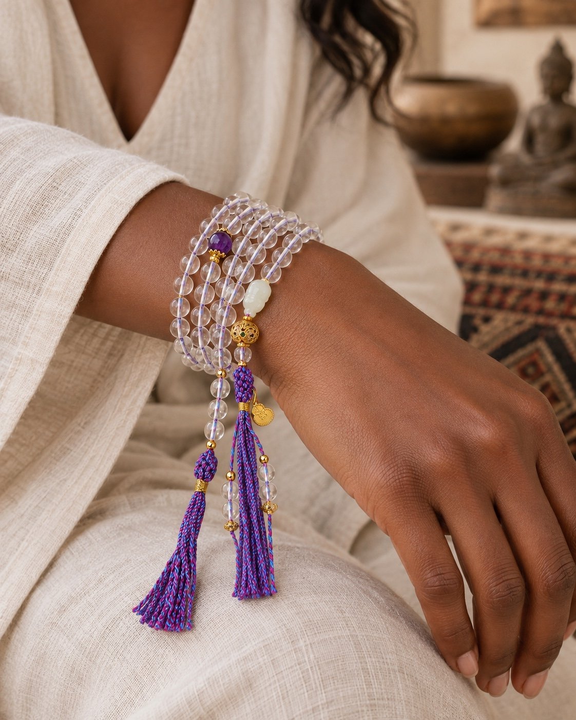 Clear Quartz Amethyst Tassel Mala