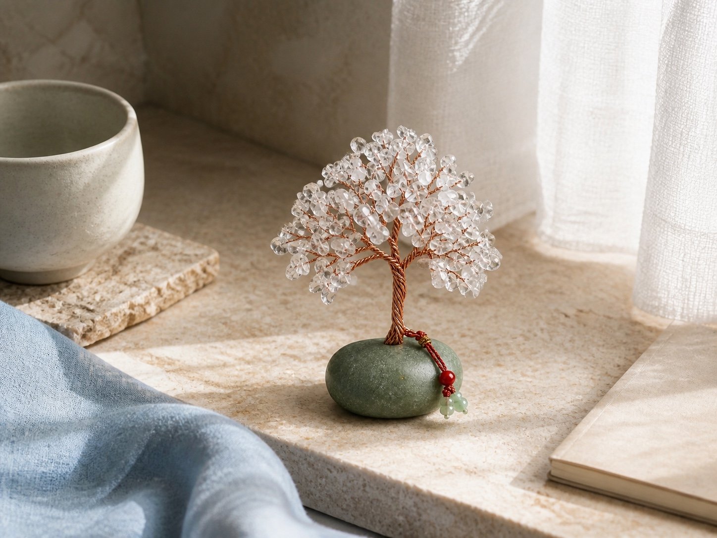 Clear quartz desk charm in a bright morning meditation corner