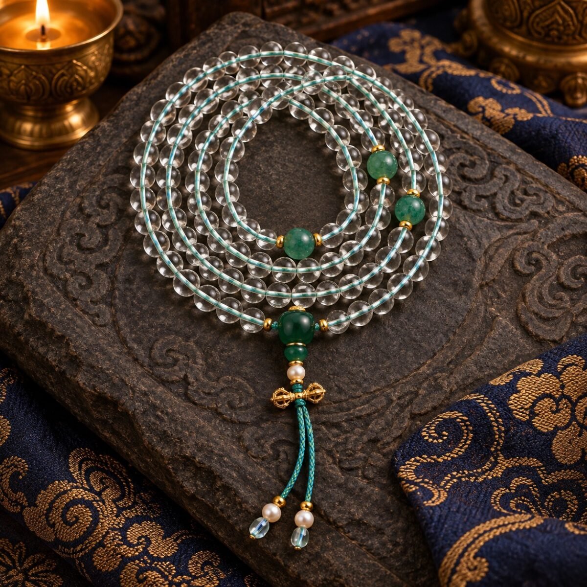 Clear Quartz Green Guru Bead Mala