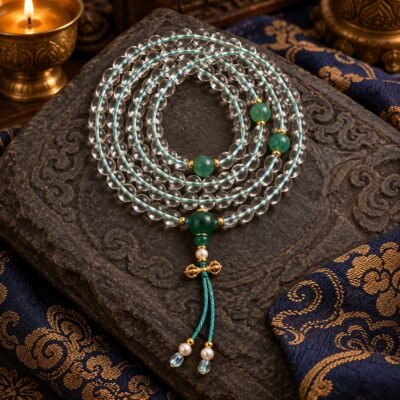 Clear Quartz Green Guru Bead Mala