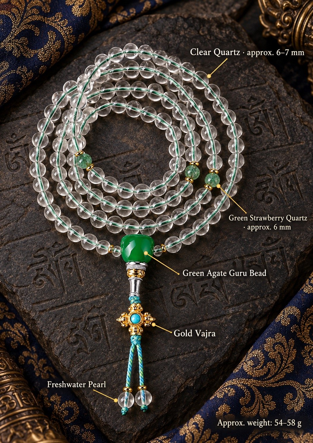 Clear Quartz Green Guru Bead Mala