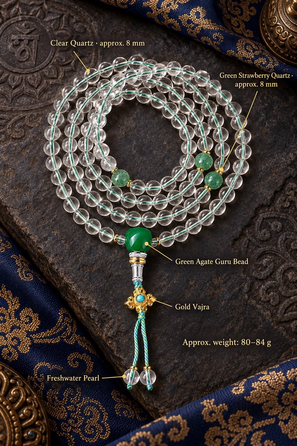Clear Quartz Green Guru Bead Mala