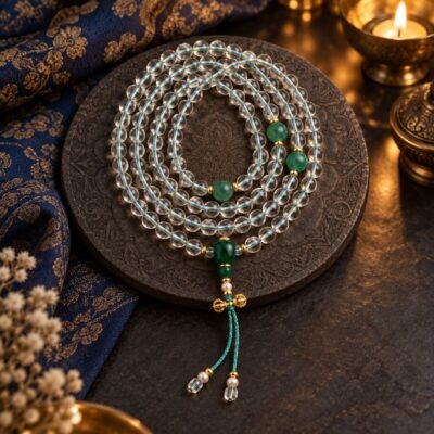 Clear Quartz Green Guru Bead Mala