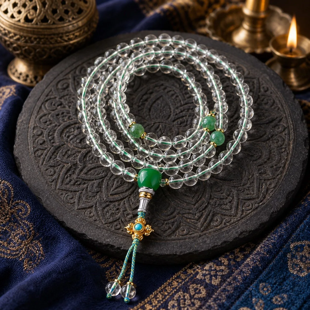 Clear Quartz Green Guru Bead Mala