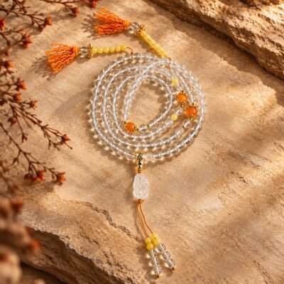 Clear Quartz & Natural Honey Amber 108-Bead Mala