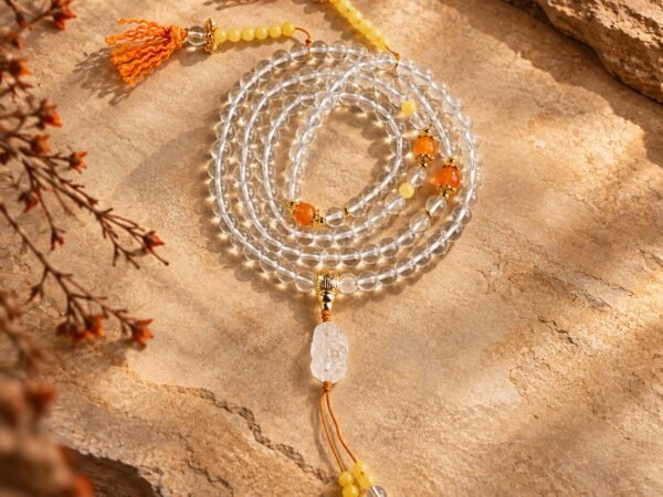 Clear Quartz & Natural Honey Amber 108-Bead Mala