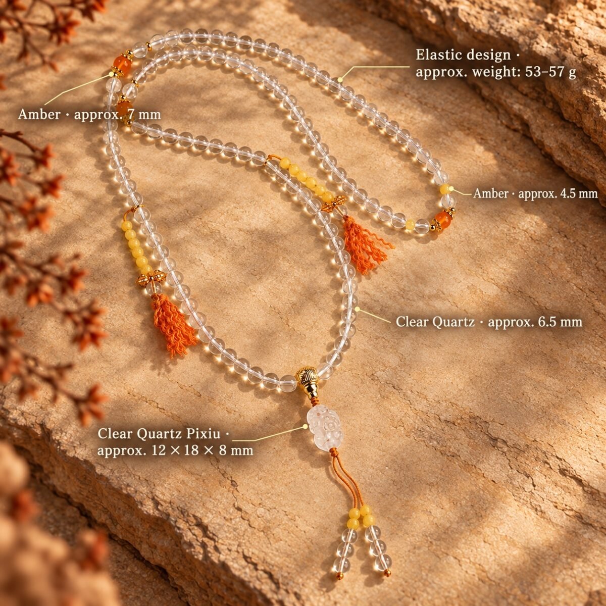 Clear Quartz & Natural Honey Amber 108-Bead Mala