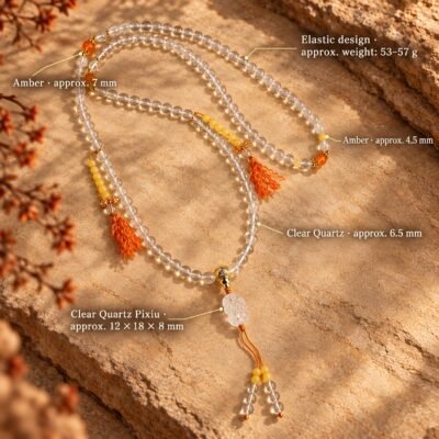 Clear Quartz & Natural Honey Amber 108-Bead Mala