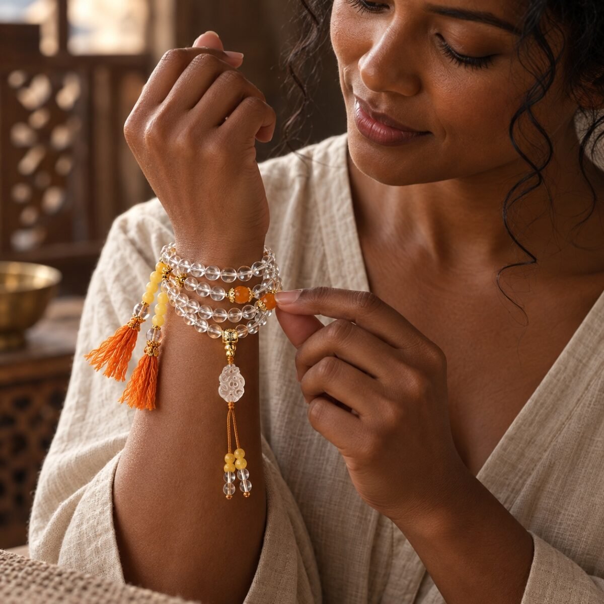 Clear Quartz & Natural Honey Amber 108-Bead Mala