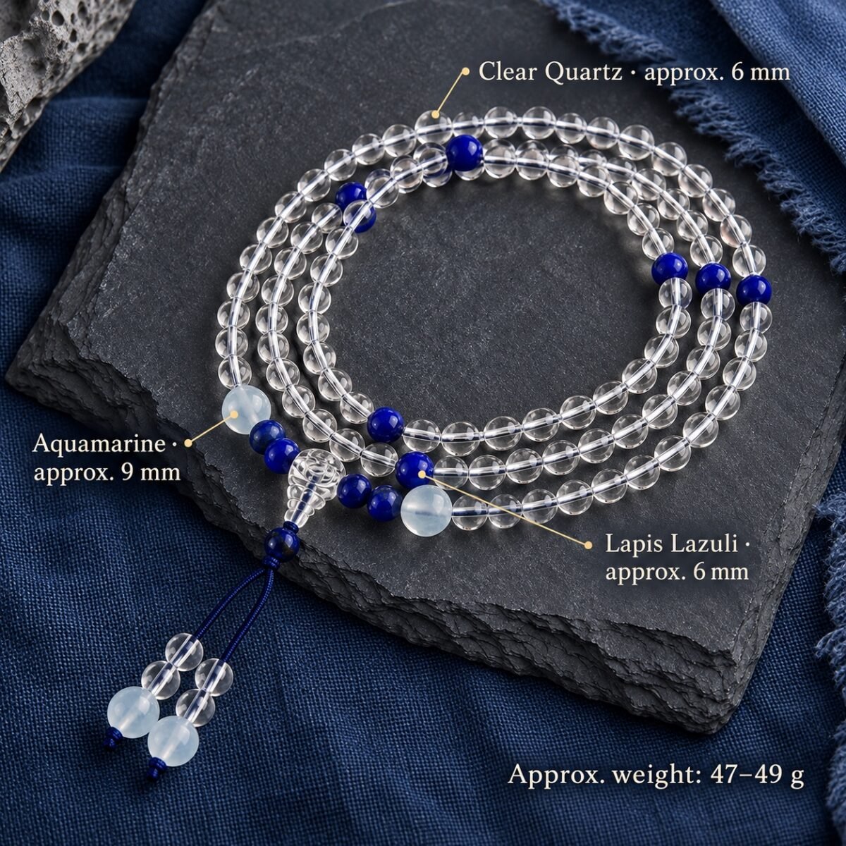 Clear Quartz Lapis Accent Mala