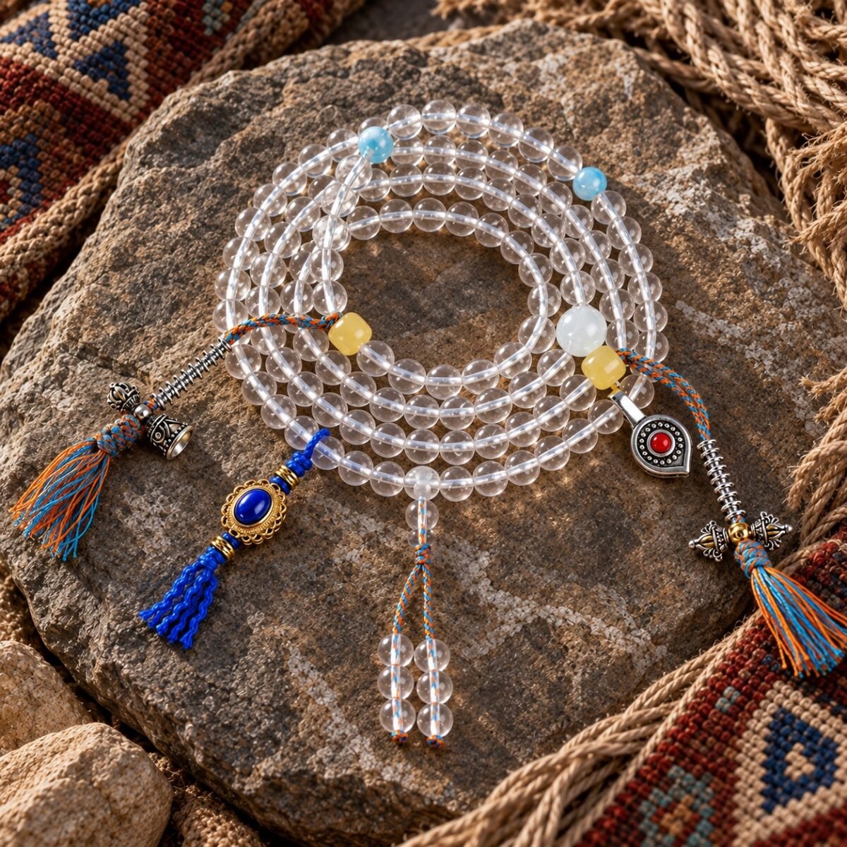 Clear Quartz Tibetan Charm Mala