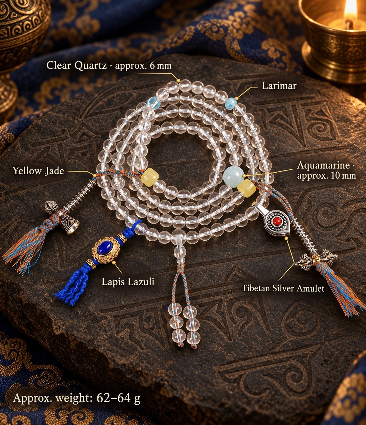 Clear Quartz Tibetan Charm Mala