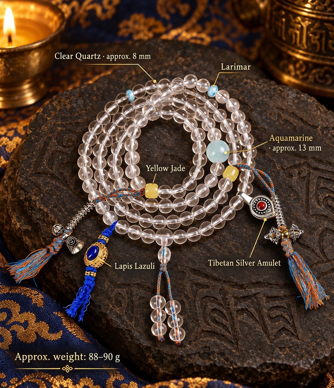 Clear Quartz Tibetan Charm Mala