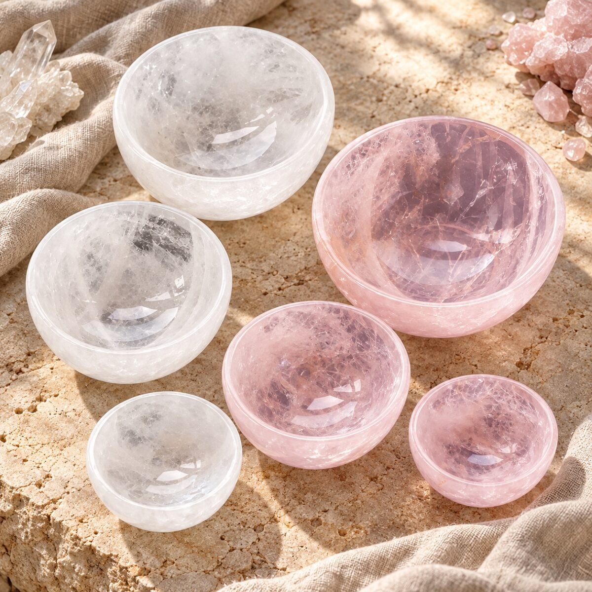 Natural Rose Quartz & Clear Quartz Crystal Cleansing Bowl Collection