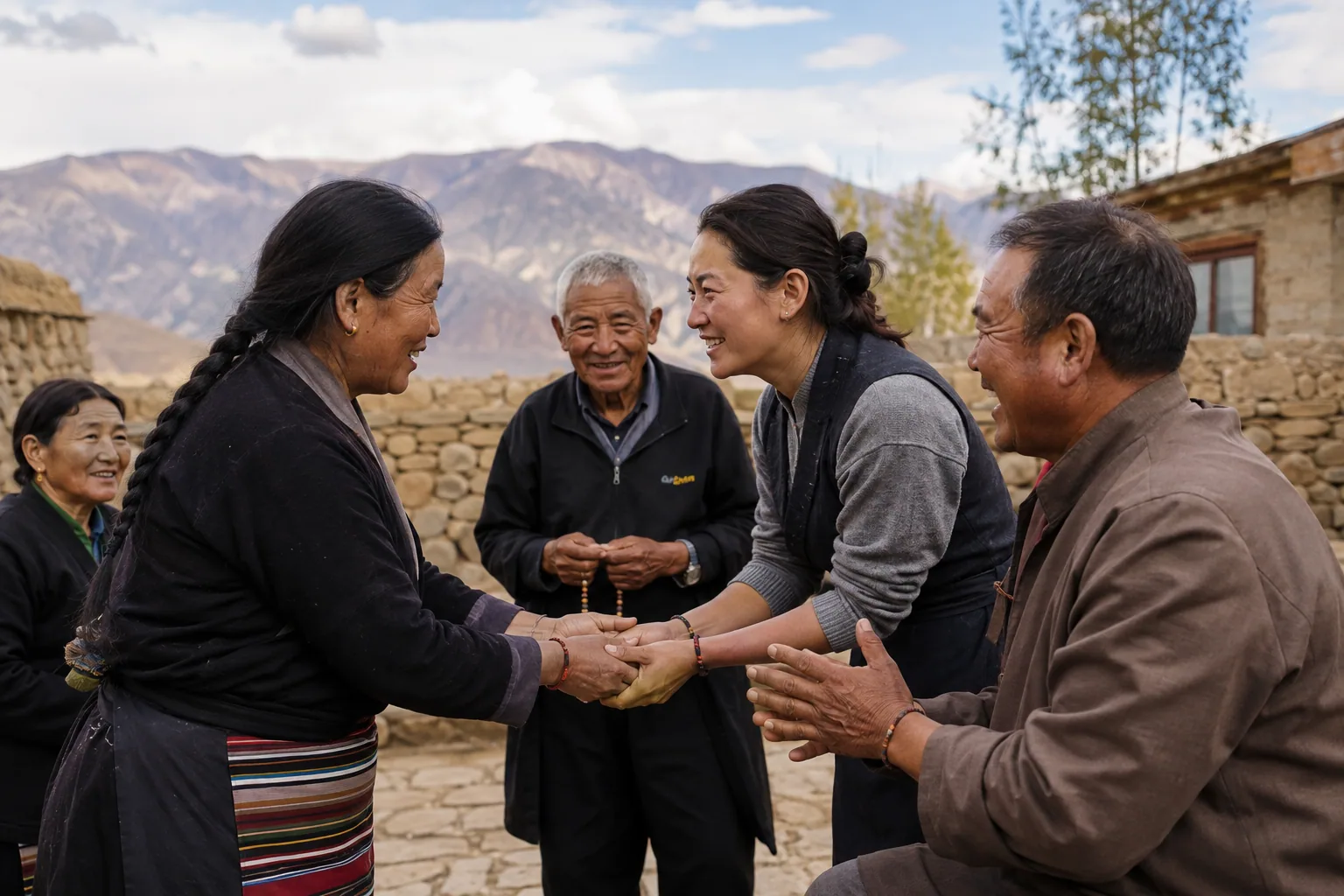 A group sharing good wishes while wearing braided wrist cords