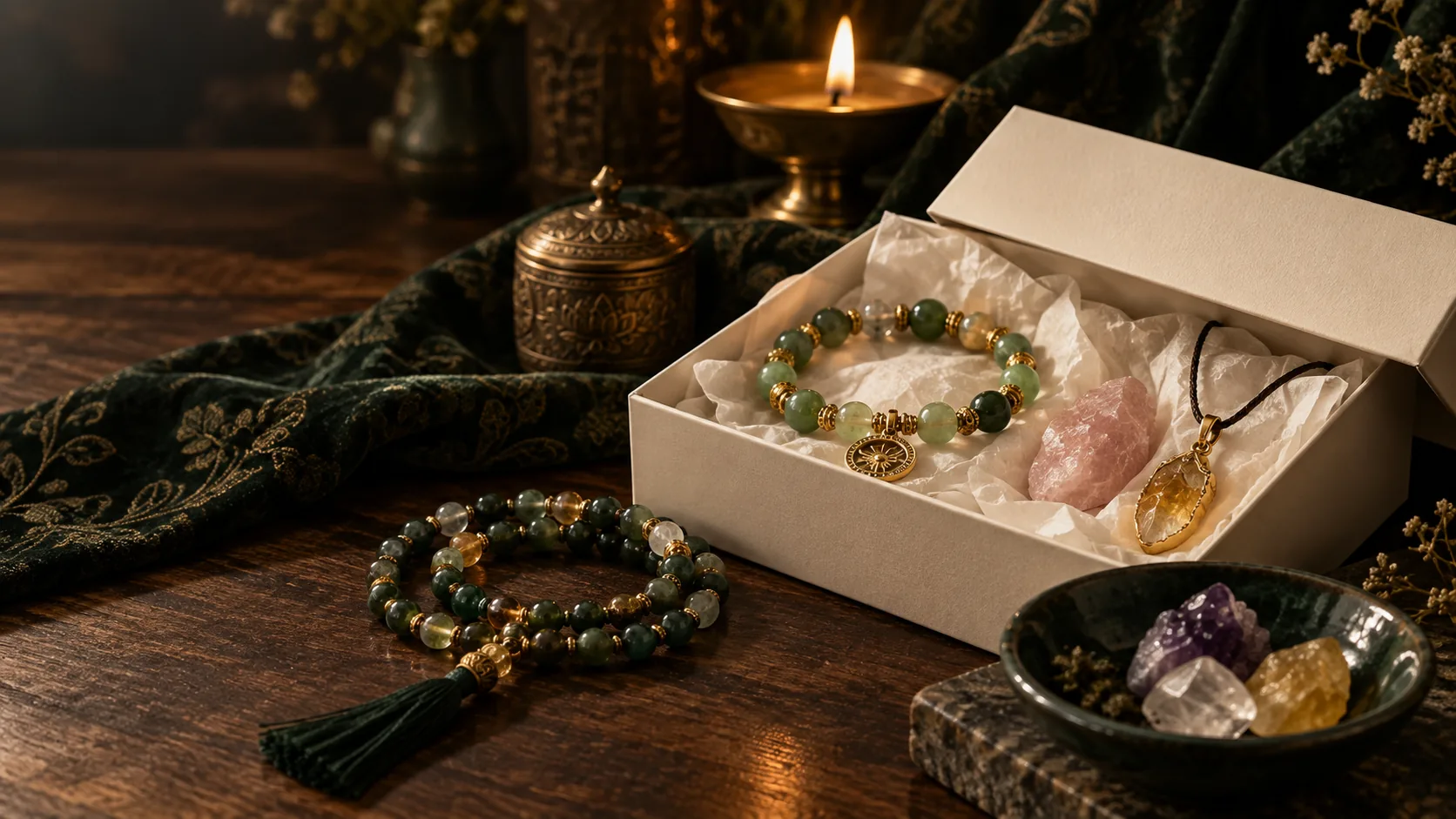A curated crystal jewelry gift box by candlelight
