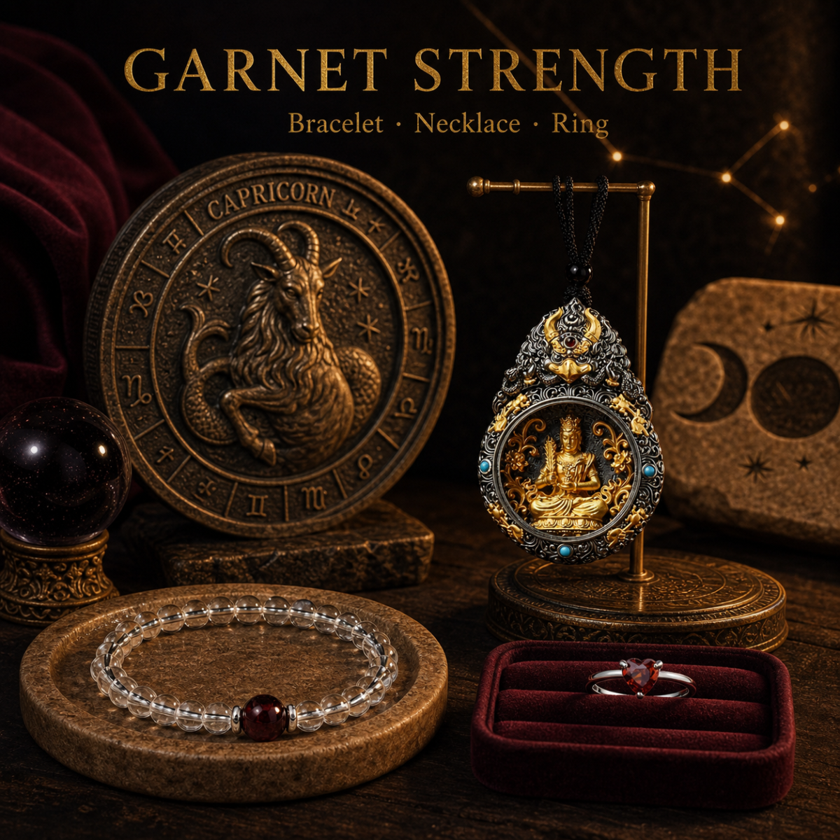 custom-zodiac-jewelry-trio-04-garnet-strength Custom Zodiac Jewelry Trio — Bracelet, Necklace & Ring Set