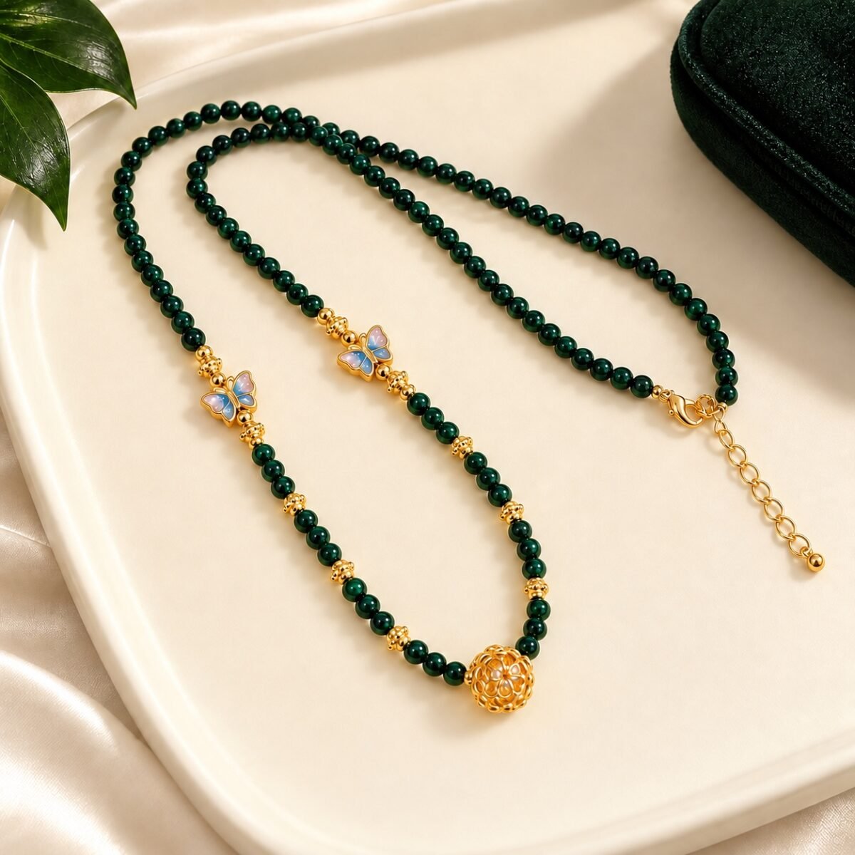 Deep Green Protection Chain with deep-green glass beads, Pixiu guardian and gold-tone butterfly charms