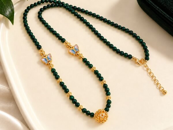 Deep Green Protection Chain with deep-green glass beads, Pixiu guardian and gold-tone butterfly charms