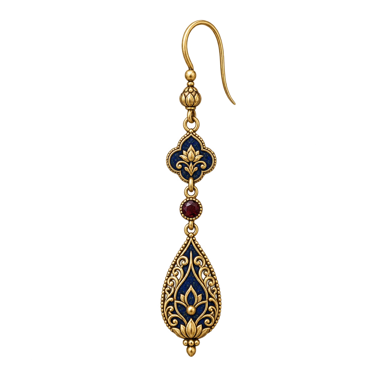 Ornamental Tibetan-inspired drop earring silhouette