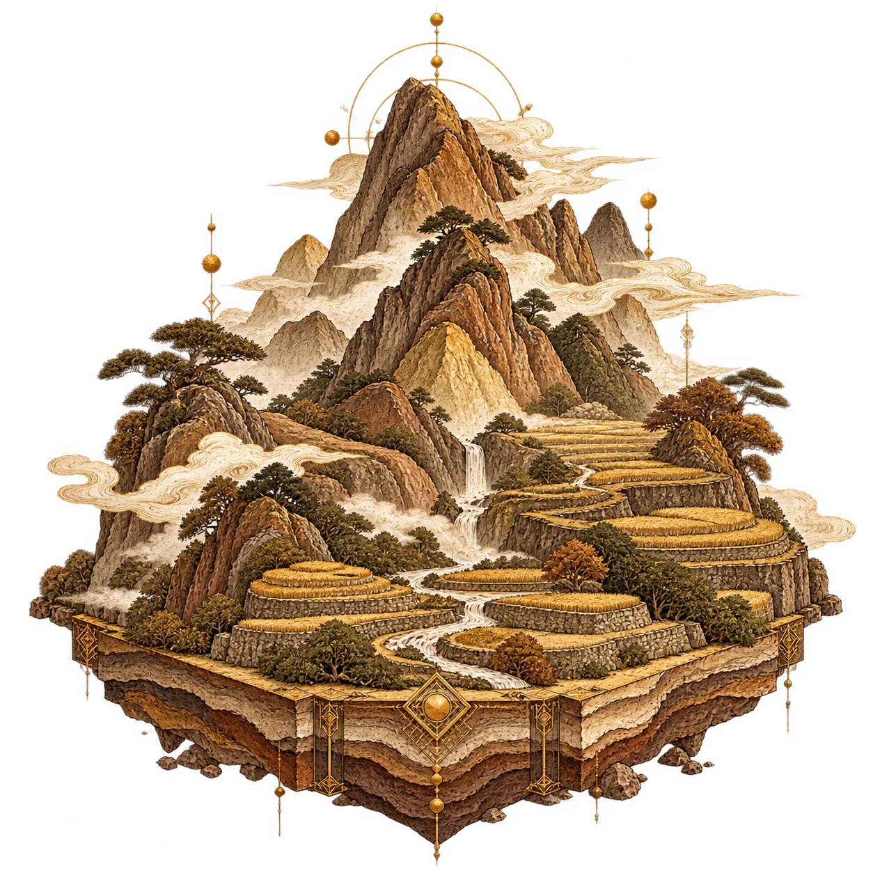 Refined ochre Earth element totem with mountains and terraces