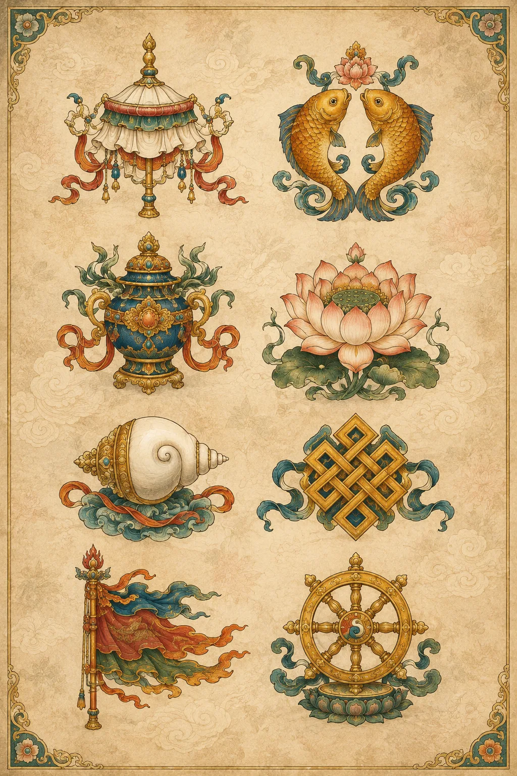 Original editorial illustration of the Eight Auspicious Symbols