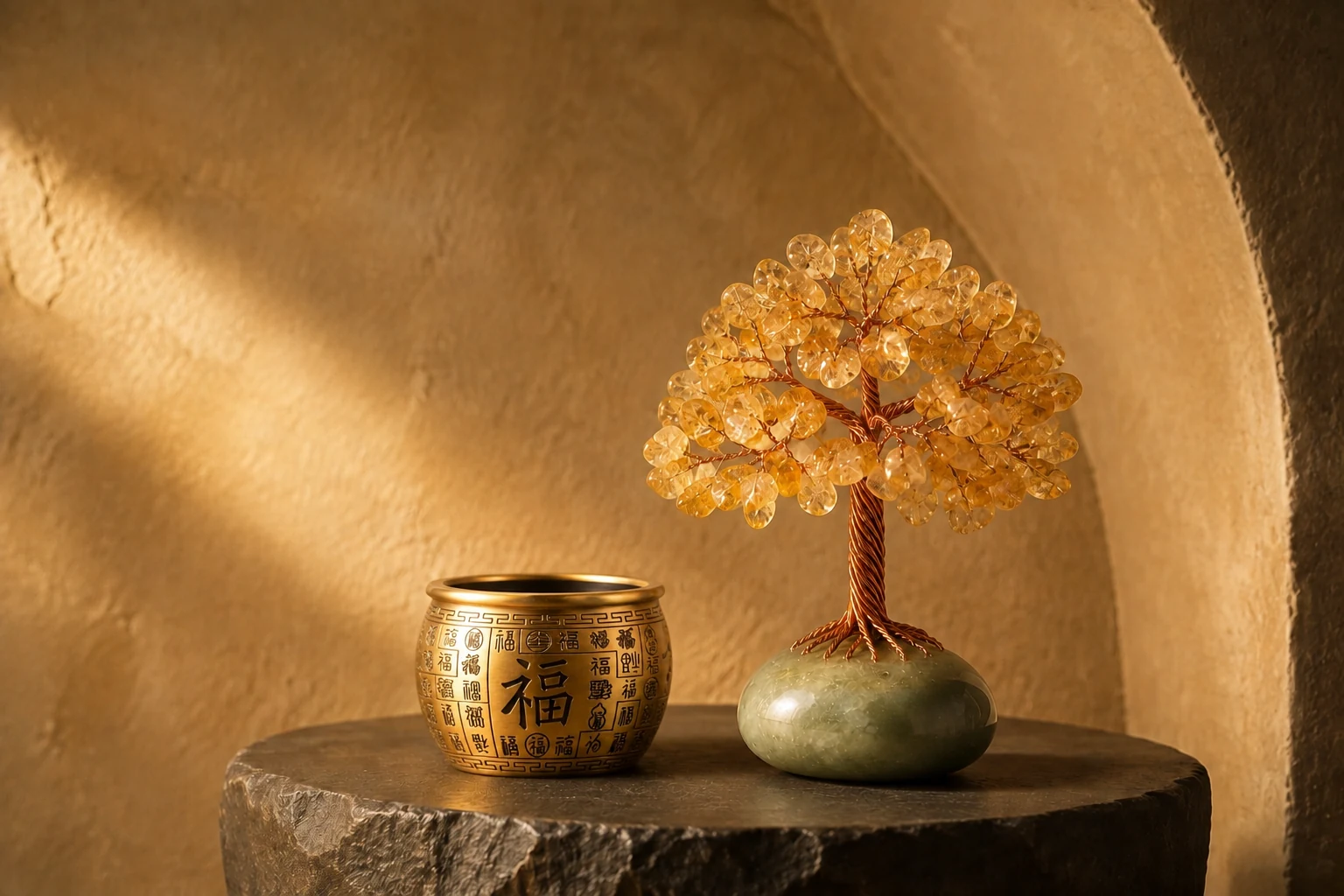 Feng Shui decor with a crystal tree and brass fortune bowl