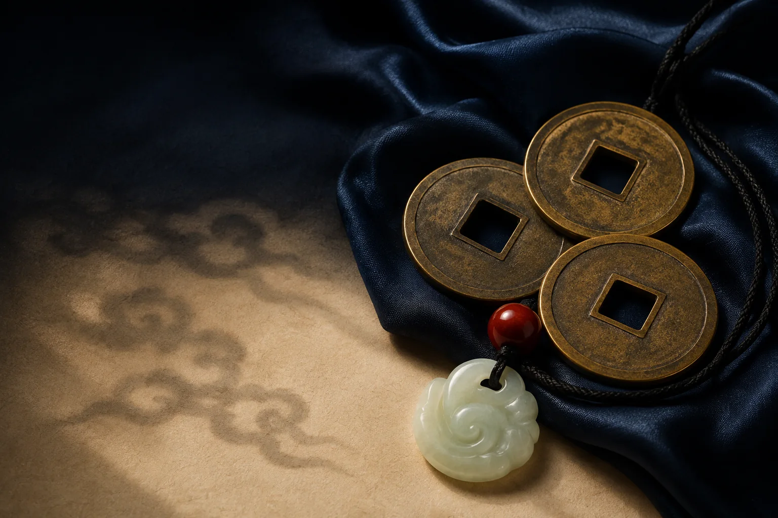 Feng shui jewelry with traditional Chinese coins and a pale jade pendant