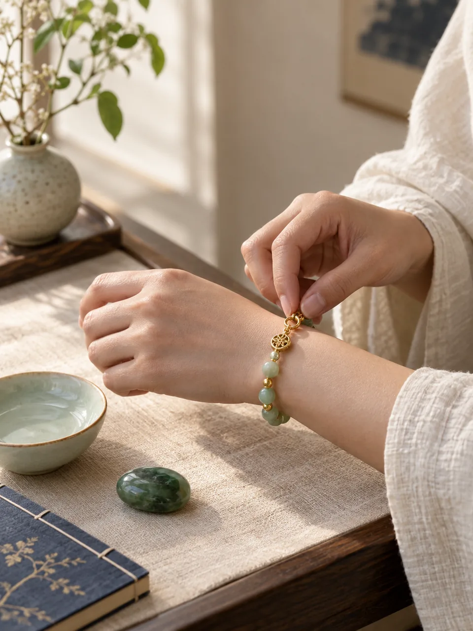 A hand fastening a jade and gold bracelet beside a ceramic bowl and linen