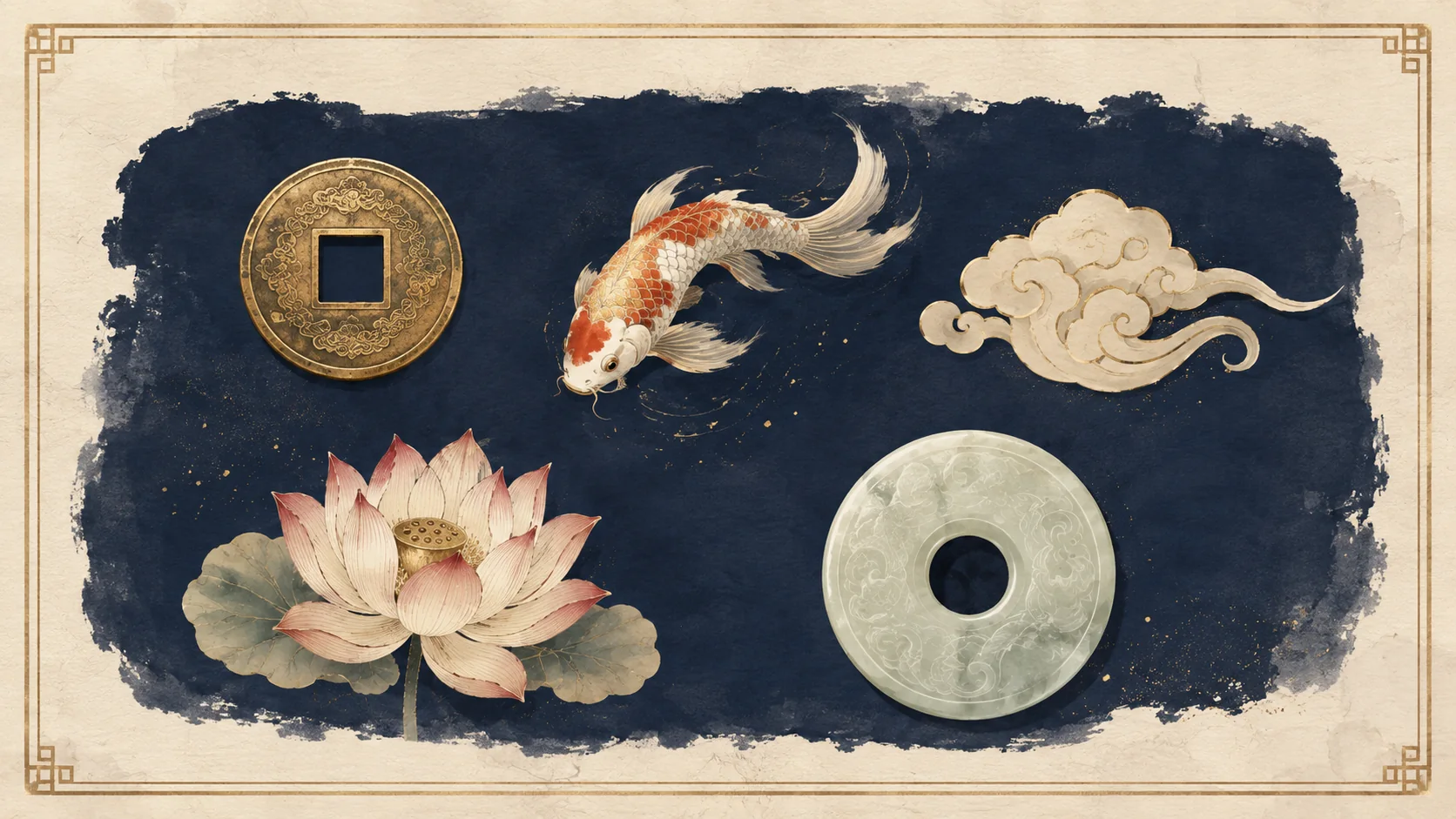 Framed editorial illustration of an ancient coin, koi, auspicious cloud, lotus and jade disc