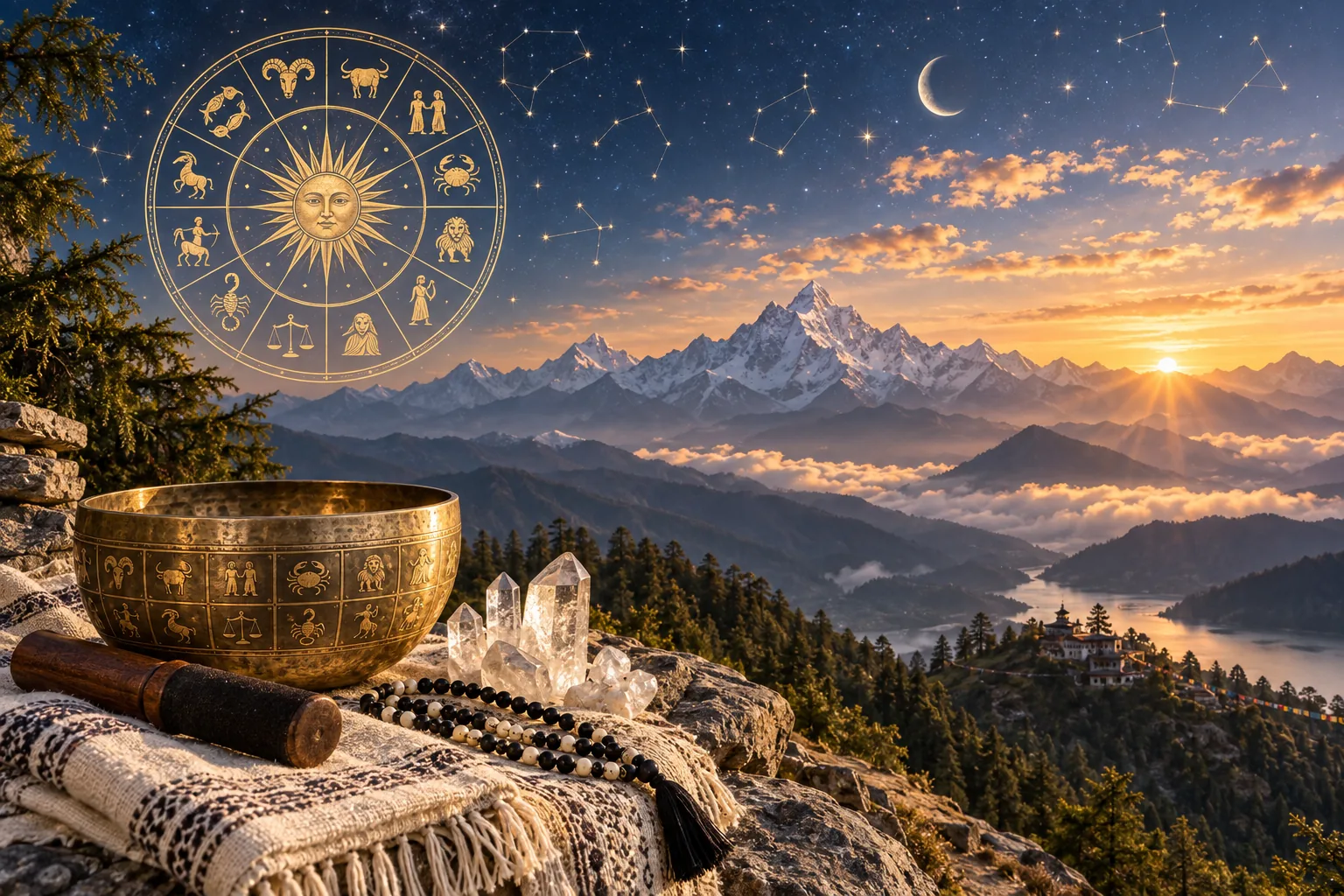 Zodiac wheel and constellations over a Himalayan mountain sunrise
