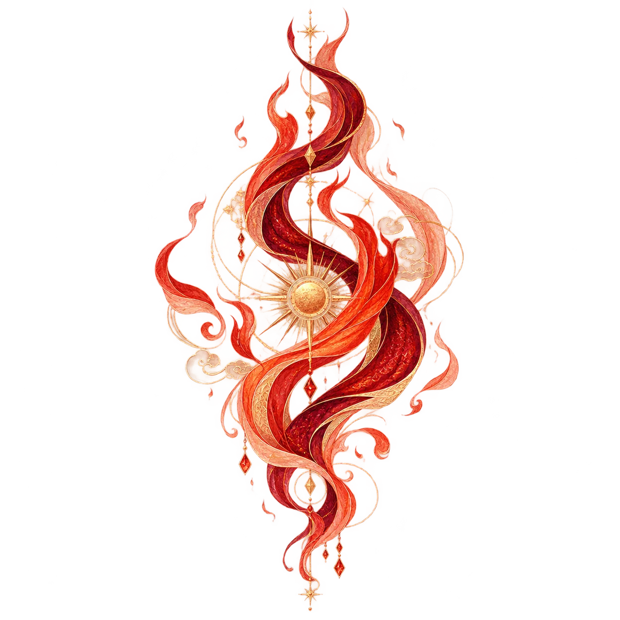 Refined vermilion Fire element totem with layered flame ribbons