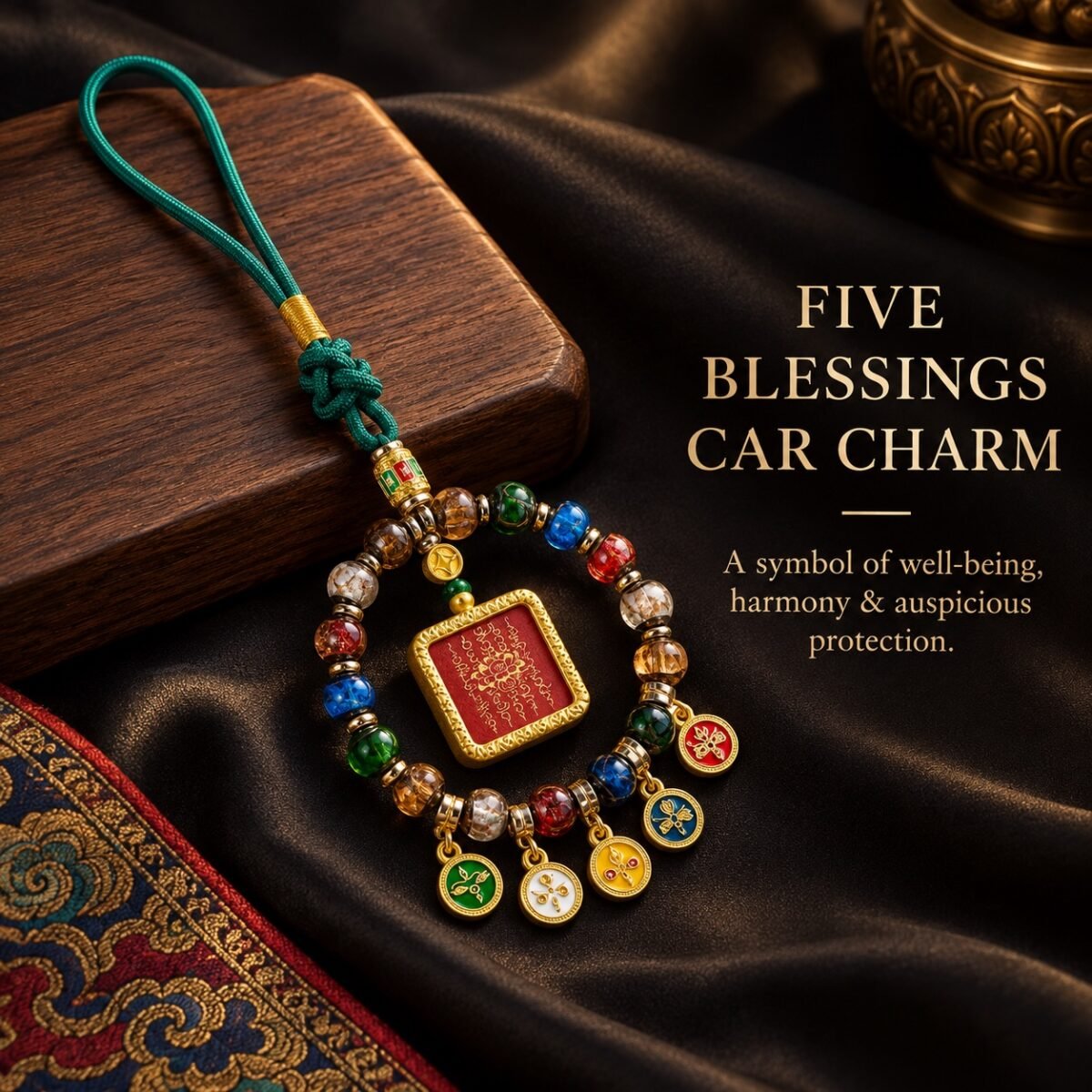 five-blessings-car-charm-premium Tibetan Wealth Guardian Car Charm