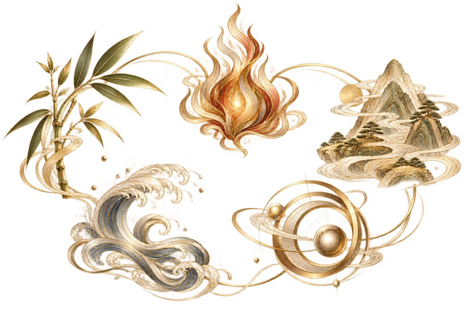 Five elements feng shui jewelry totems for Wood, Fire, Earth, Metal and Water