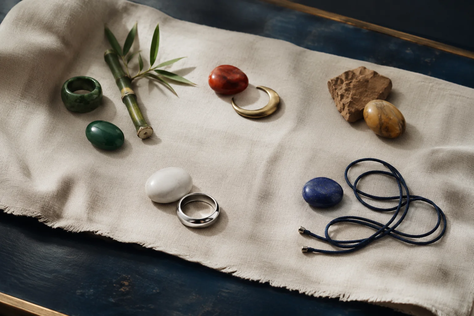 Curated stones, metal rings, bamboo and indigo cord representing the Five Phases