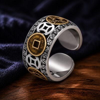 Five Emperor Coin Adjustable Ring with five antiqued coin motifs in S925 silver