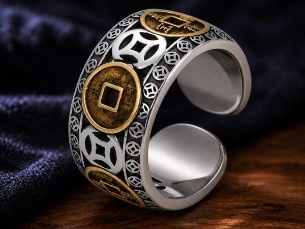 Five Emperor Coin Adjustable Ring with five antiqued coin motifs in S925 silver