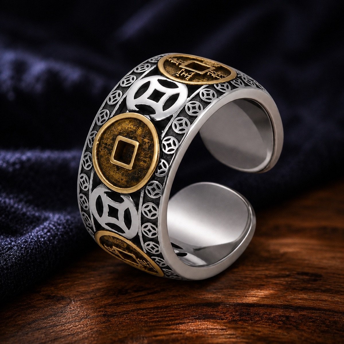Five Emperor Coin Adjustable Ring with five antiqued coin motifs in S925 silver