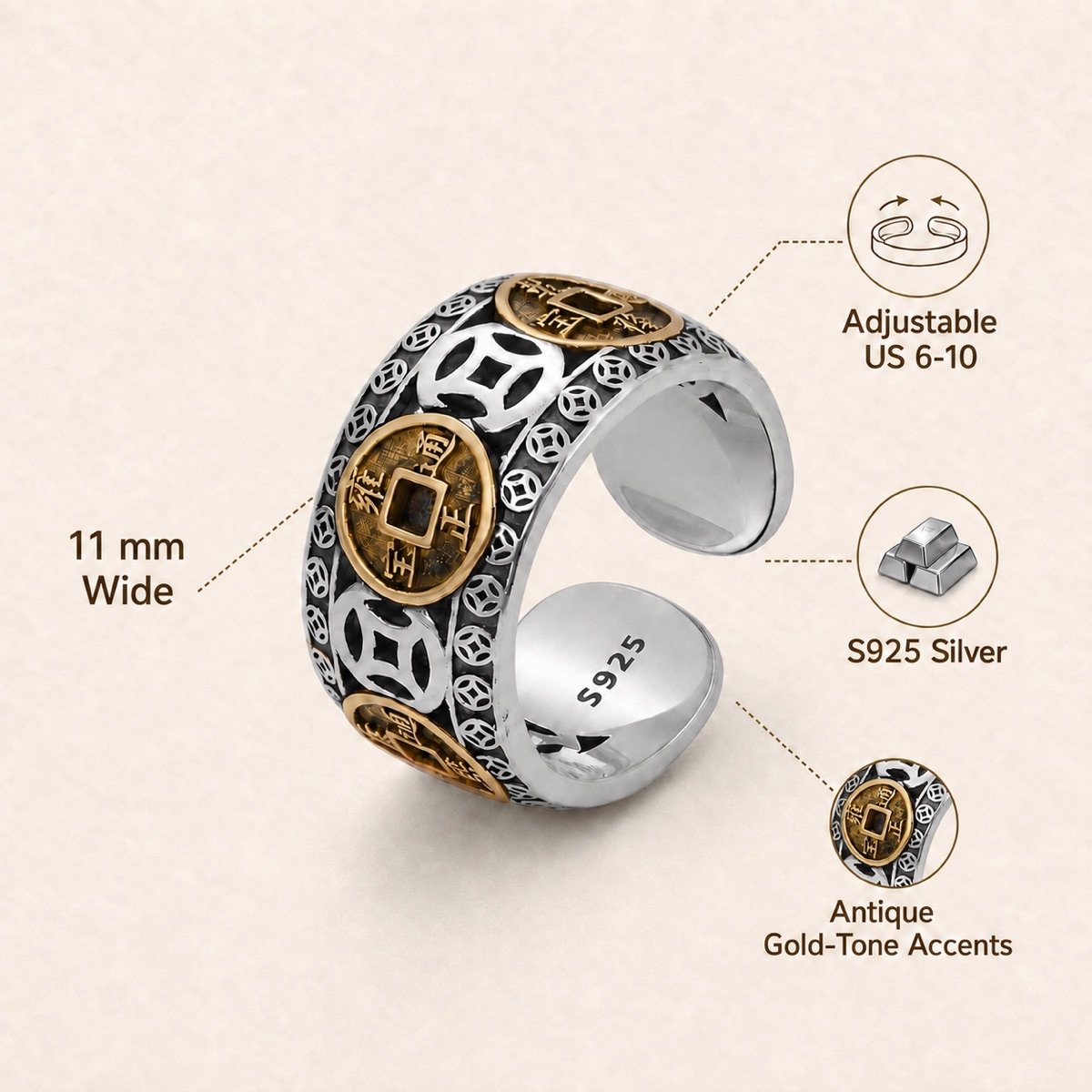Five Emperor Coin Adjustable Ring