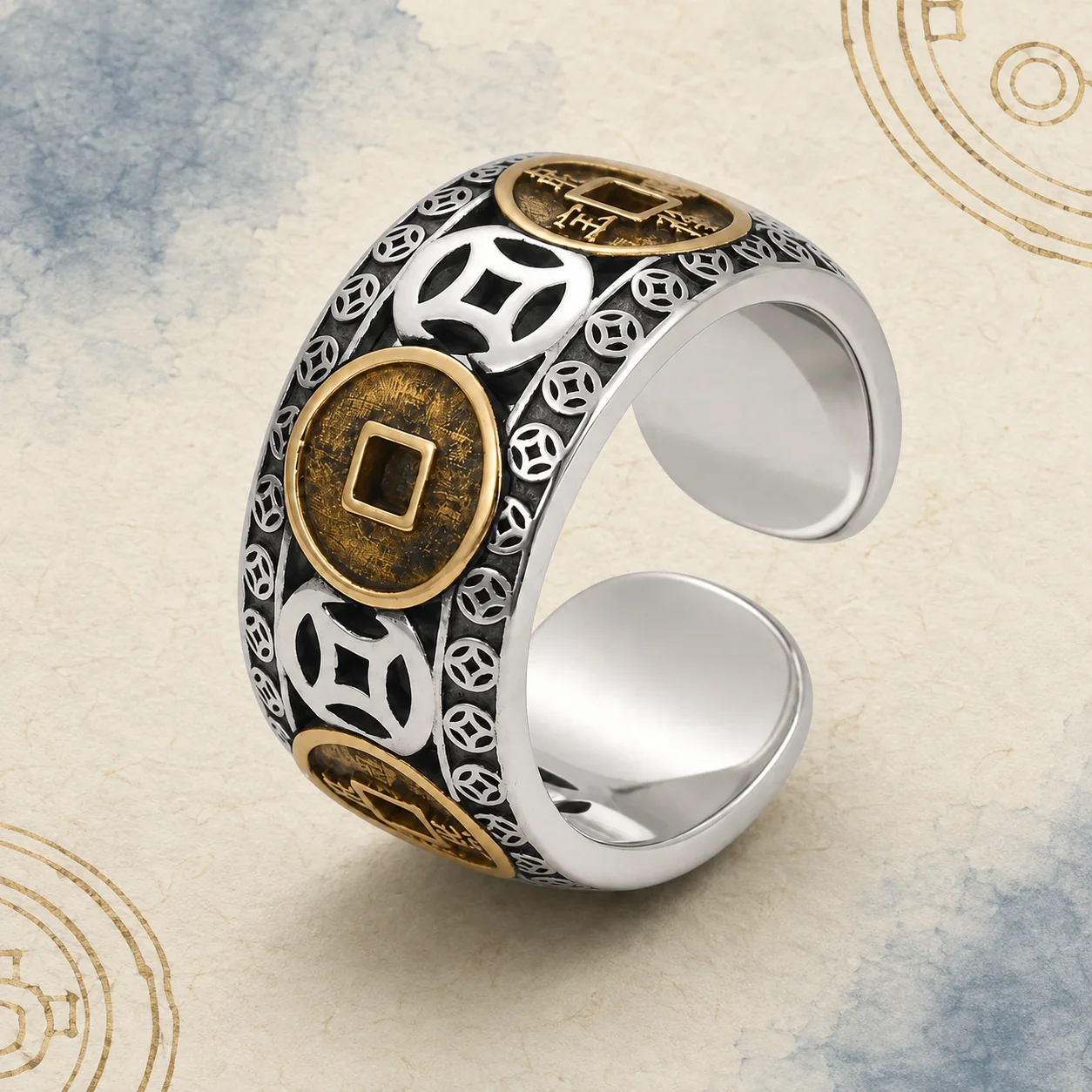 Five Emperor Coin Adjustable Ring with antique gold-tone coin motifs