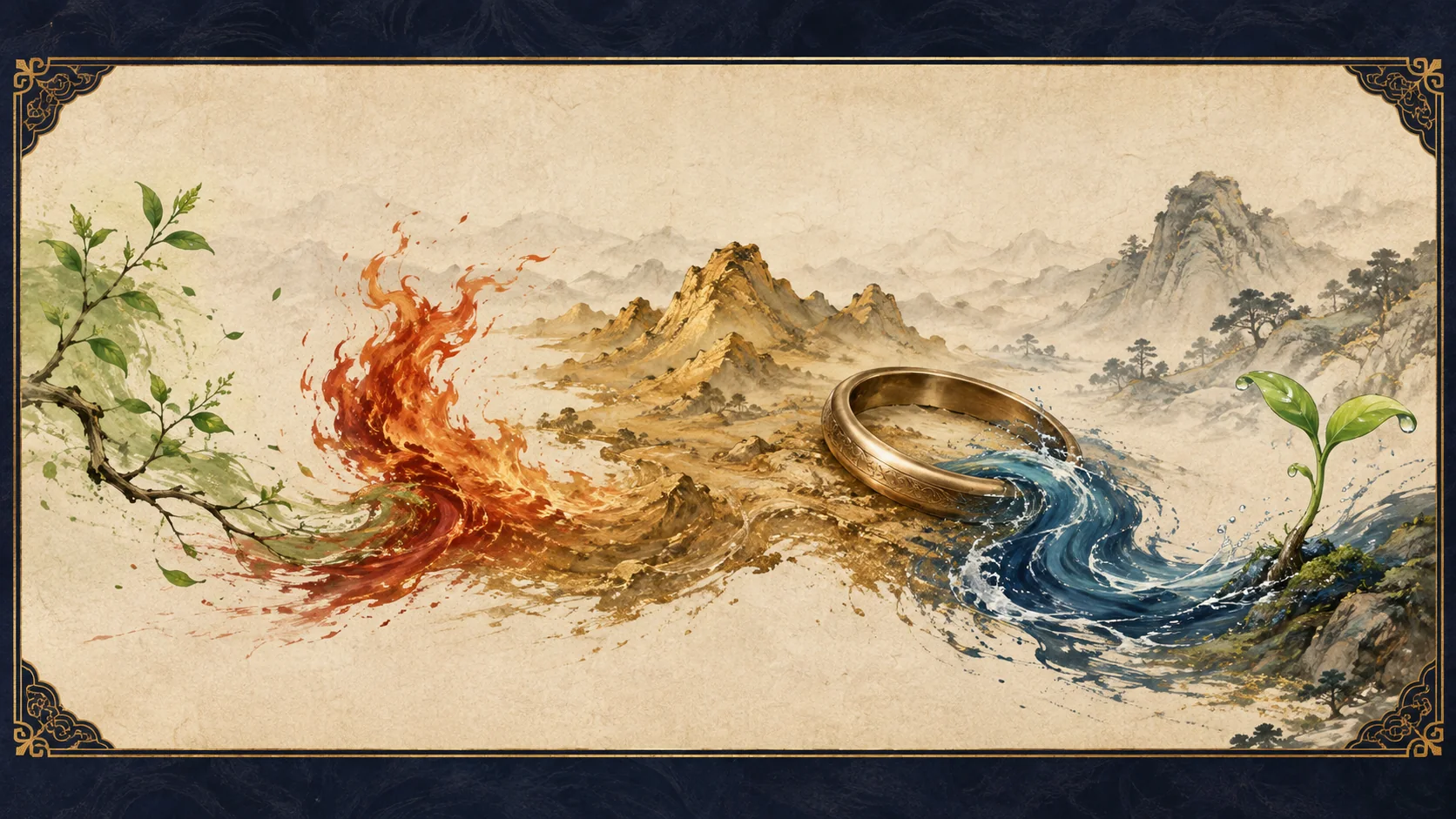 Panoramic elemental landscape moving from branch to flame, earth, metal, water and new growth