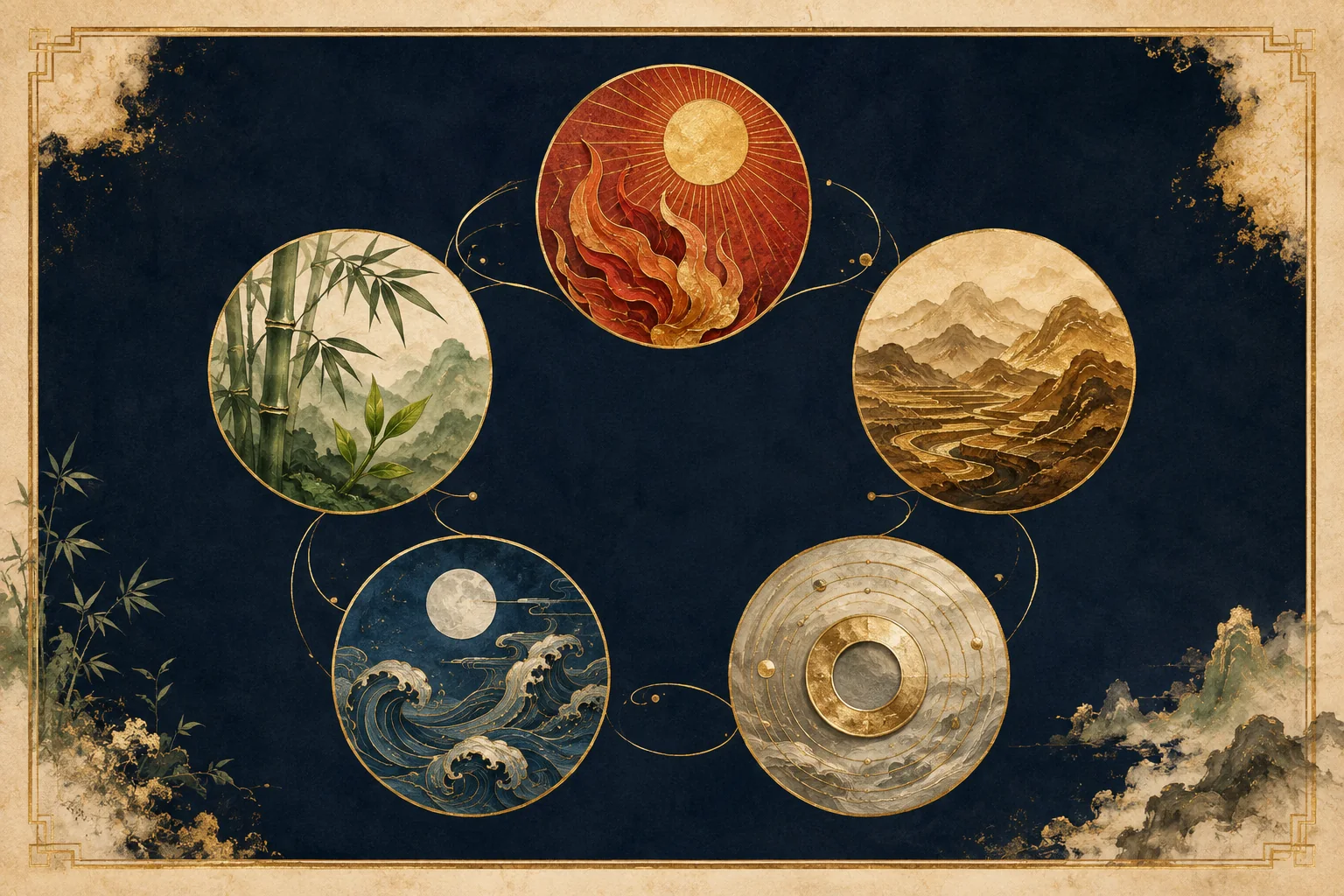 Five elemental totems showing bamboo, flame, mountain terraces, metal rings and waves
