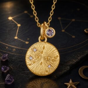 Gemini gold zodiac medallion necklace with cultured alexandrite accent