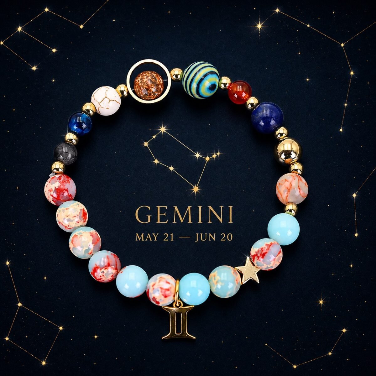 Gemini Planetary Bracelet with sky-blue, cream, and pale marbled natural-stone beads