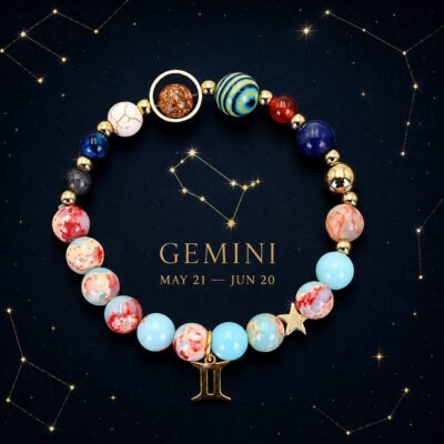 Gemini Planetary Bracelet with sky-blue, cream, and pale marbled natural-stone beads