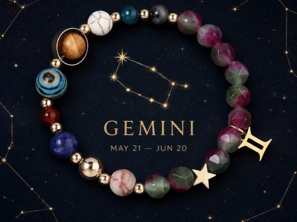 Gemini Zodiac Bracelet with red and green faceted natural-stone beads