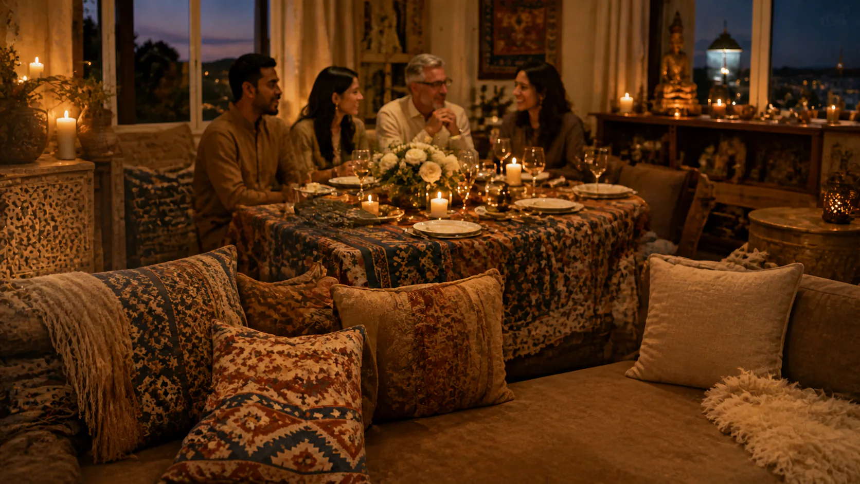 Friends and family sharing a candlelit gathering