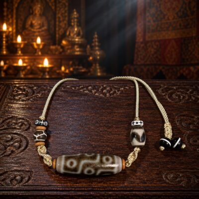 Golden Ember Dzi Necklace with 38 mm aged-patina focal bead and adjustable cord